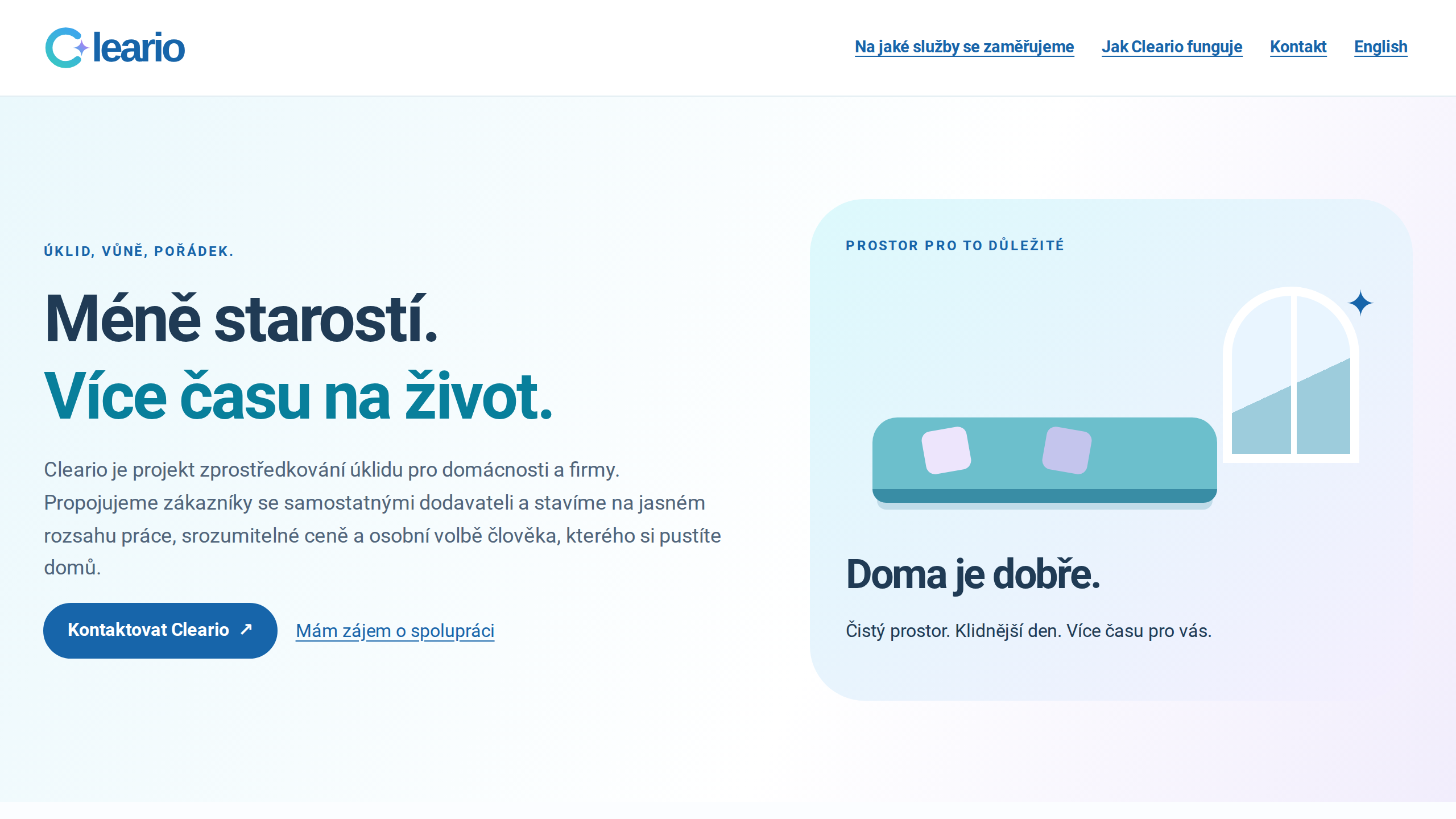 Úvodní stránka Cleario s prezentací úklidových služeb